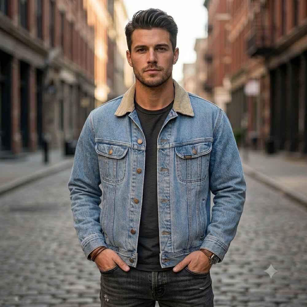 Vintage Lee Riveted Plaid Lined Denim Jacket Corduroy Collar Blue Size L